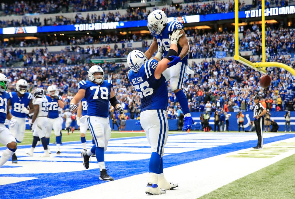 Colts Quenton Nelson and Jonathan Taylor celebrate a touchdown.