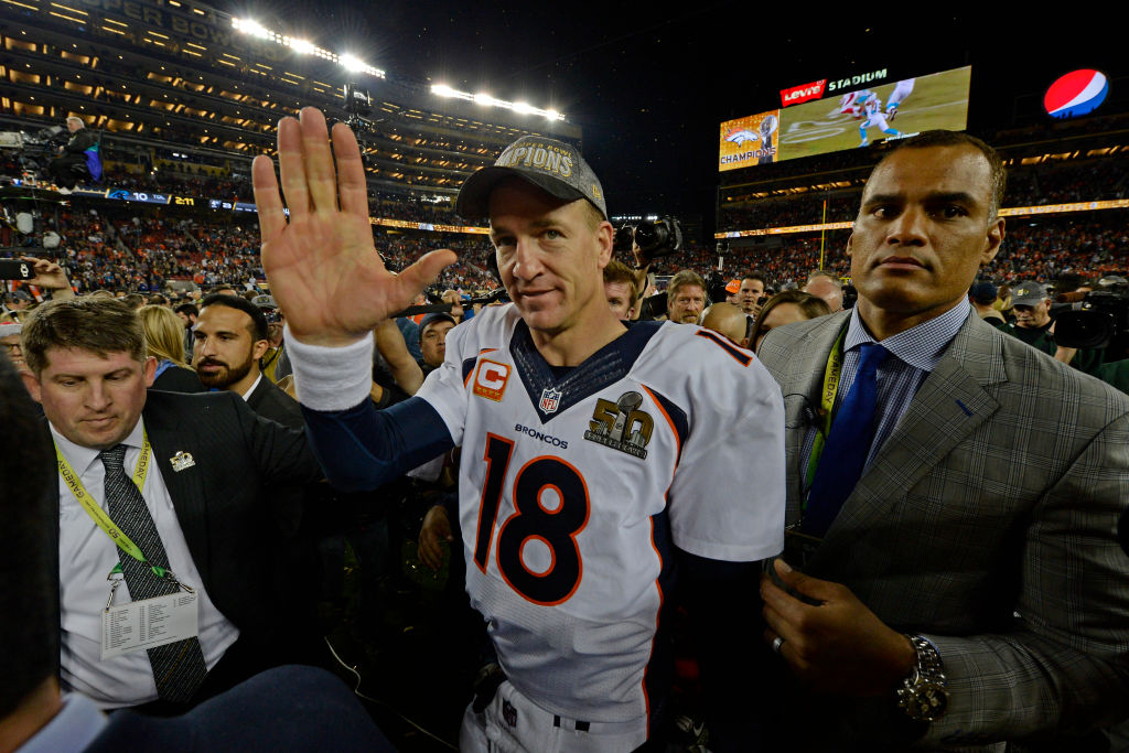 Denver Broncos starting quarterback Peyton Manning (18) walks off the field after defeating the Carolina Panthers during Super Bowl 50 at Levi's Stadium in Santa Clara, Calif., on Sunday, Feb. 7, 2016. Denver defeated Carolina 24-10. (Jose Carlos Fajardo/